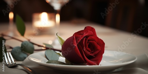 Beautiful rose and heart in a romantic dinner, generative Ai