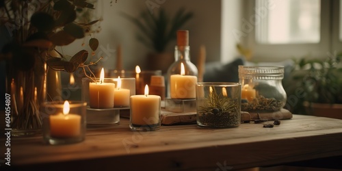 Candles and plant decor on the wooden table, generative Ai