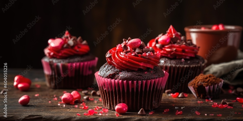 Valentine cupcakes in red color decorated, generative AI