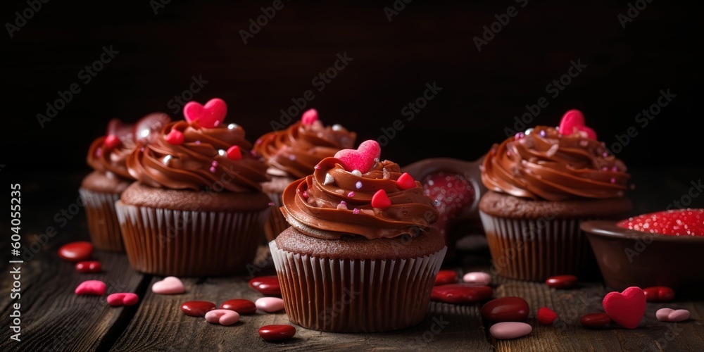 Valentine cupcakes in red color decorated, generative AI
