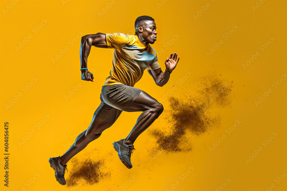 A man in a yellow shirt is running. Generative AI. A man in a yellow shirt is running. Generative AI.