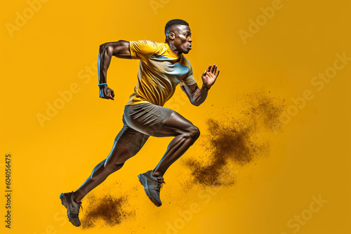 A man in a yellow shirt is running. Generative AI.