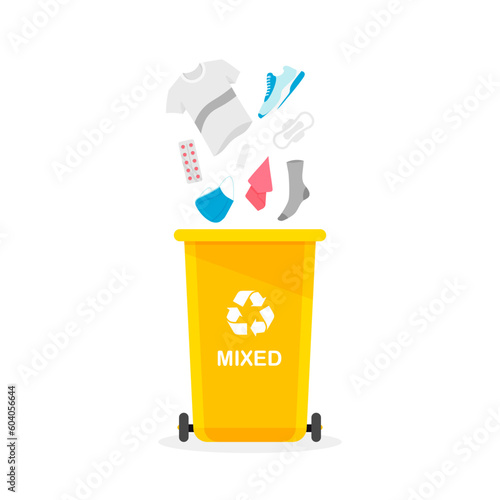 Garbage container with mixed wastes. Unsorted trash. Rubbish bin. Vector illustration in trendy flat style isolated on white background.