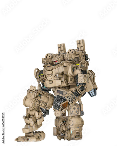 piloted combat sci-fi armor mech unit painted out in coyote tan is on his knees and ready for combat