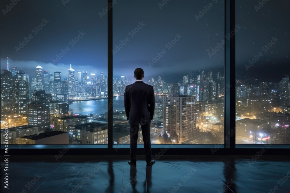Fototapeta premium Rear view man looking view of skyscrapers on the observation deck at sunset, ai generative