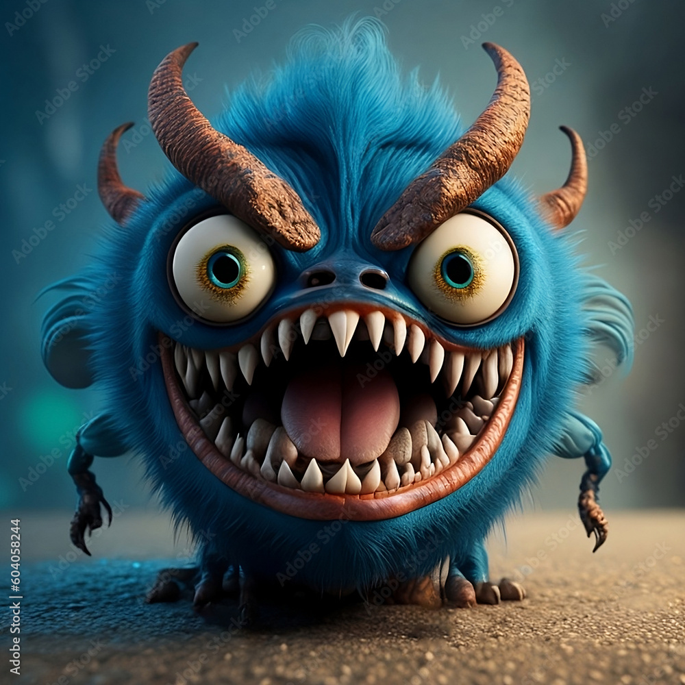 Little blue monster. Show with sharp teeth. Fear. Halloween. Scary. Alien.