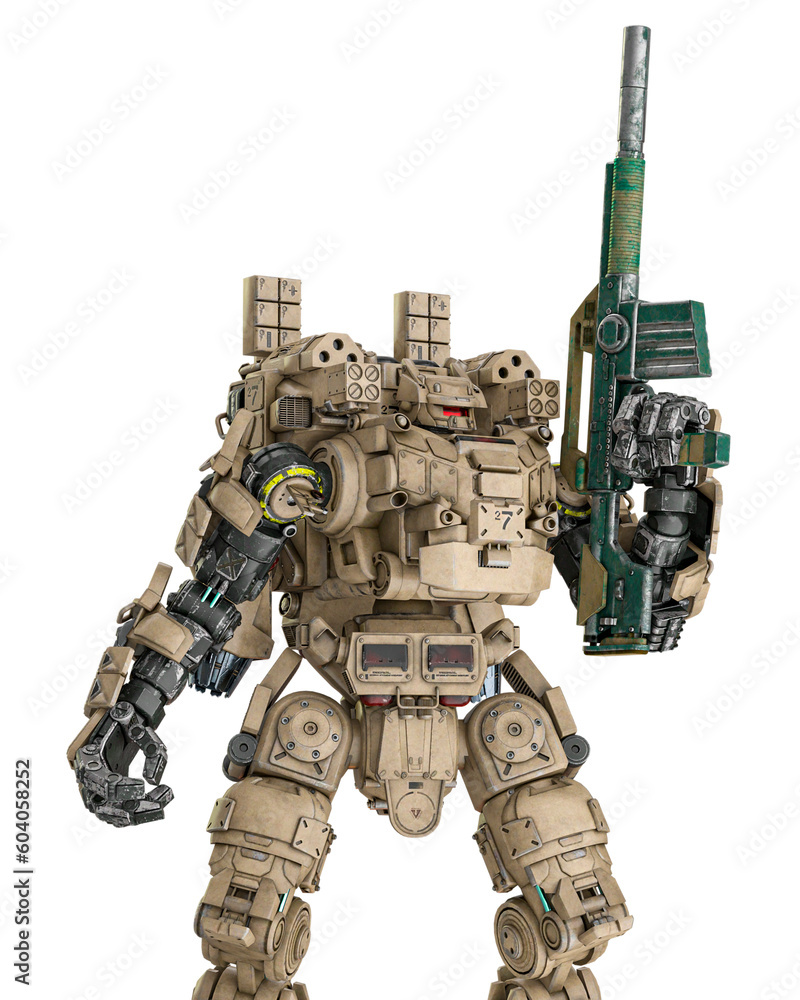 piloted combat sci-fi armor mech unit painted out in coyote tan is holding a weapon piloted combat sci-fi armor mech unit painted out in coyote tan is holding a weapon