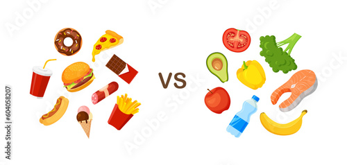 Choise between healthy and unhealthy food. Fastfood vs balanced products menu. Fresh fruit, vegetables. Bad fat and carbs. Vector illustration isolated on white background.