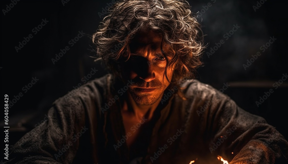 Adult man looking sad by the flame generated by AI Adult man looking sad by the flame generated by AI