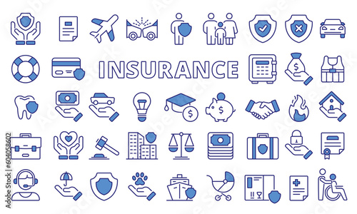 Set of insurance blue icons in line design. insurance vector flat illustrations. Auto, health, Life, Home, Travel, Business, Property, Insurance quotes, icons isolated on while background vector