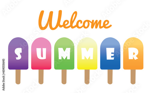 Banner de bienvenida de verano con paletas de helados de colores. Icono vector