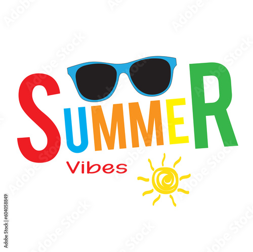 Cartel con un dibujo de un sol y gafas con inscripción de verano vibrante. Icono vector