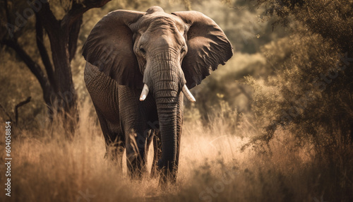African elephant walking through tranquil savannah landscape generated by AI © Stockgiu