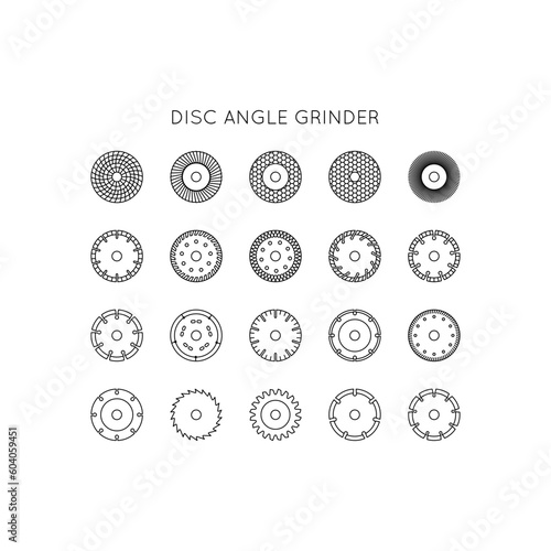 Diamond discs icons set. Discs for angle grinders. Cutting, metal, wood, concrete, granite, ceramics, asphalt, laminate.