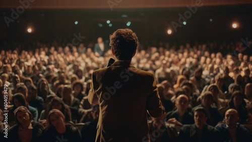 Photographie A speaker with microphone in front of audiences