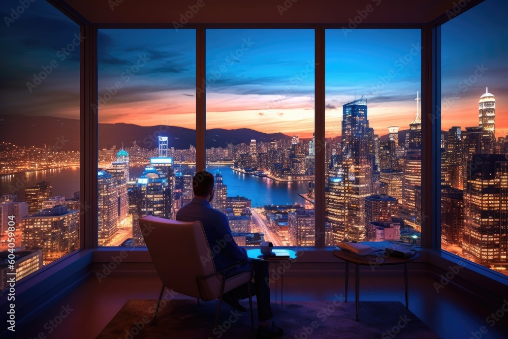 Fototapeta premium Rear view man looking view of skyscrapers on the observation deck at sunset, ai generative