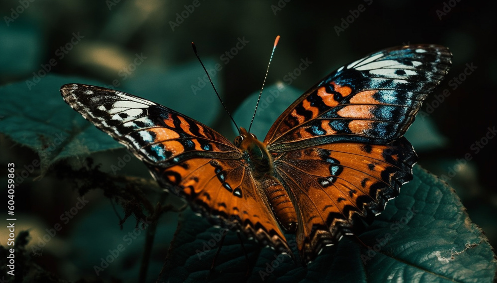 Naklejka premium Multi colored butterfly wing, fragile beauty in nature generated by AI