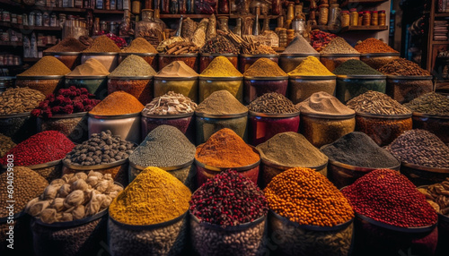 Vibrant colors of spices in a row selling generated by AI