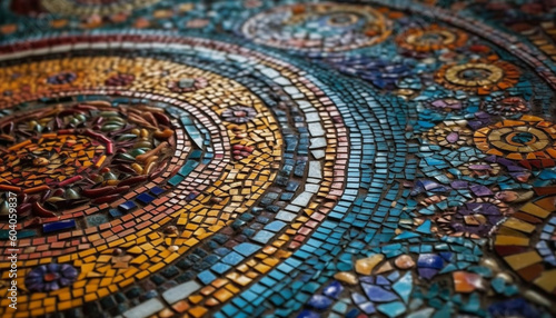 Ornate Turkish mosaic tile flooring in vibrant colors generated by AI