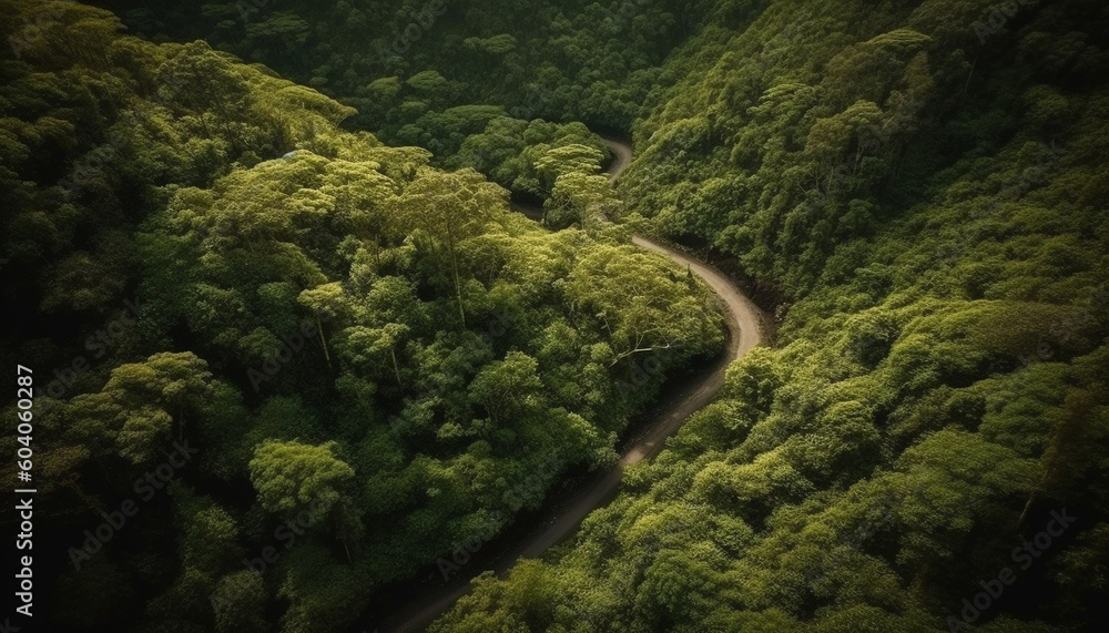 Green trees curve over wet meadow below generated by AI