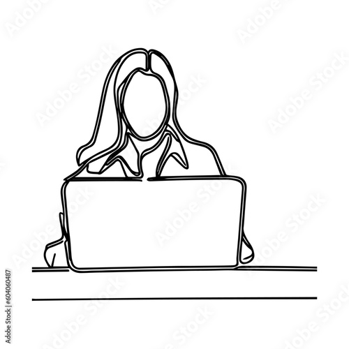 One line vector illustration. A man is sitting at a laptop. Minimalism.
