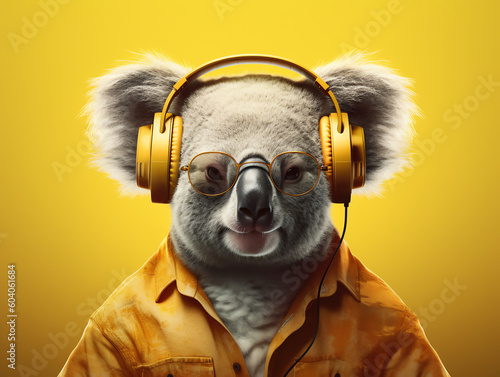 Music dj koala  bear with sunglasses and headphones listening to music - Yellow background - Generative AI photo