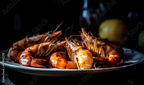 Grilled tiger shrimp on black plate. Fryed shrimp on plate. generative ai.