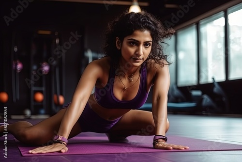 Fotografie, Tablou Active indian lady doing workout for legs on purple fitness mat generative ai
