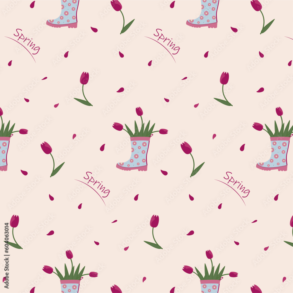 Spring pattern. Tulips in a rubber boot. Spring pattern. Tulips in a rubber boot.