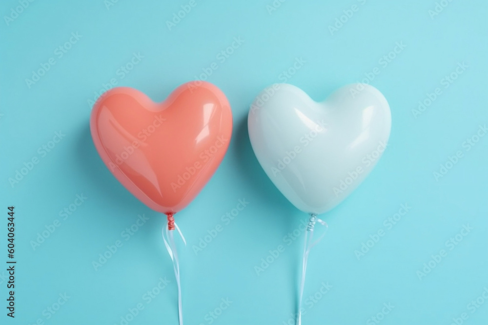 Love is in the Air: Two Balloons Forming a Heart Shape on Light Blue Background, generative AI