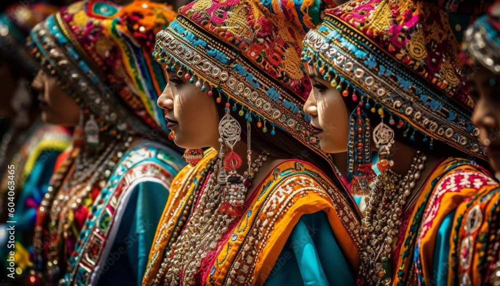 Fototapeta premium Vibrant colors adorn traditional Indian clothing outdoors generated by AI