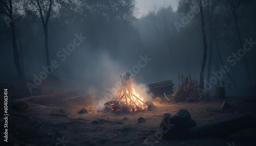 Burning campfire in spooky forest at night generated by AI