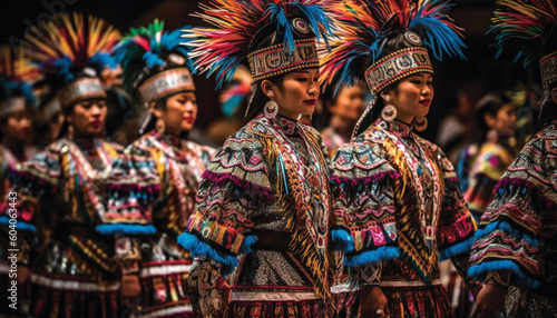 Indigenous cultures parade in traditional multi colored clothing generated by AI