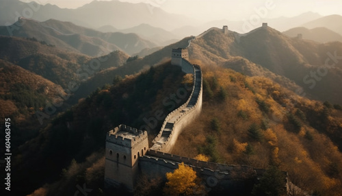 Majestic mountain range surrounds ancient Beijing boundary wall generated by AI photo