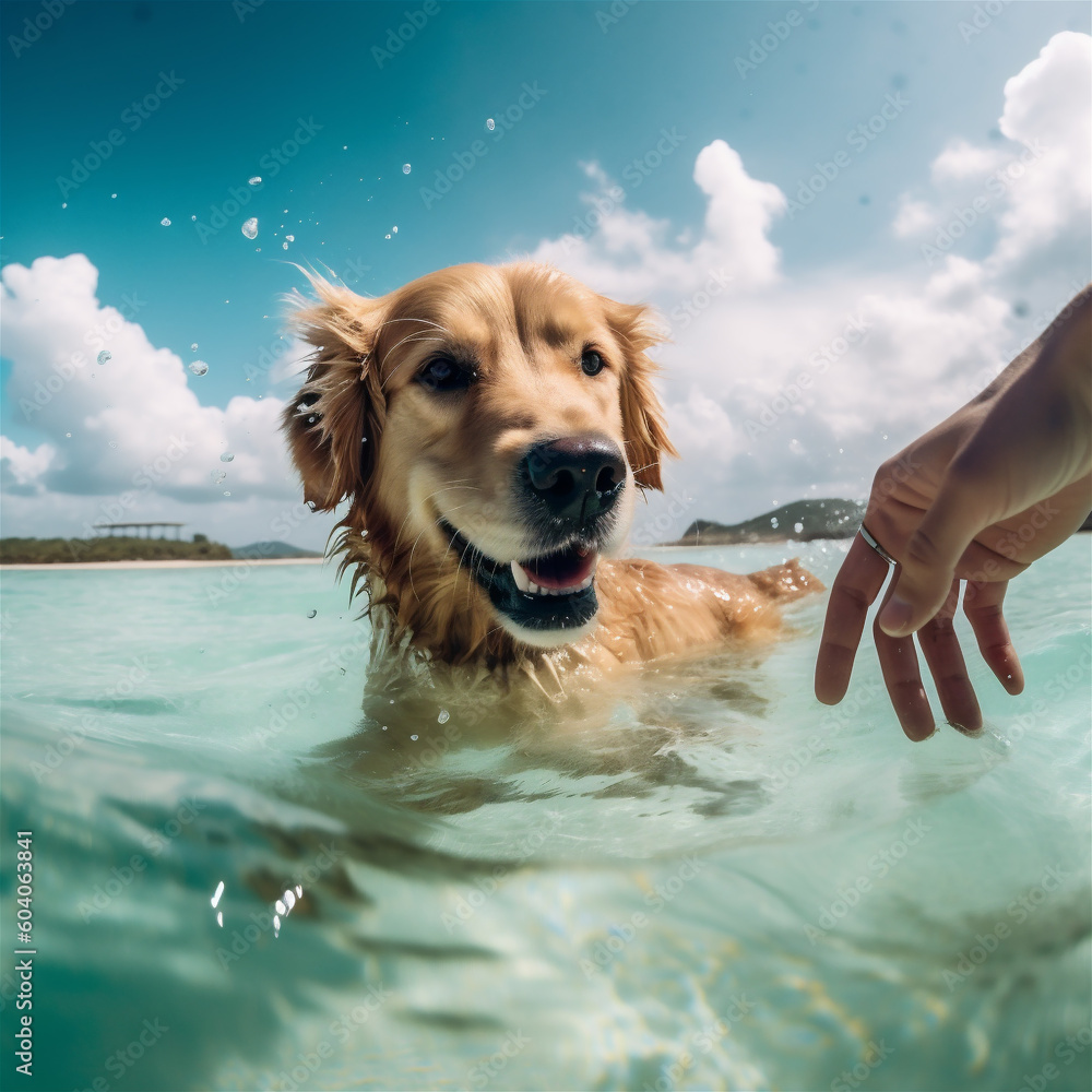Closeup golden retriever dog swimming in sea water