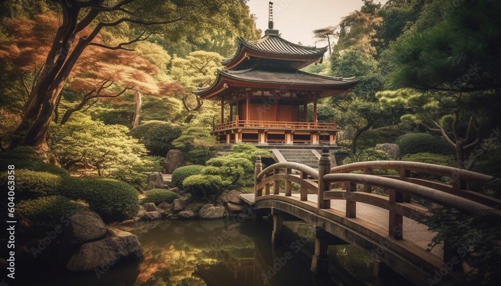 Ancient pagoda stands tall in tranquil nature generated by AI