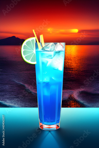Blue cocktail with a slice of lime with a beach background. Generative AI
