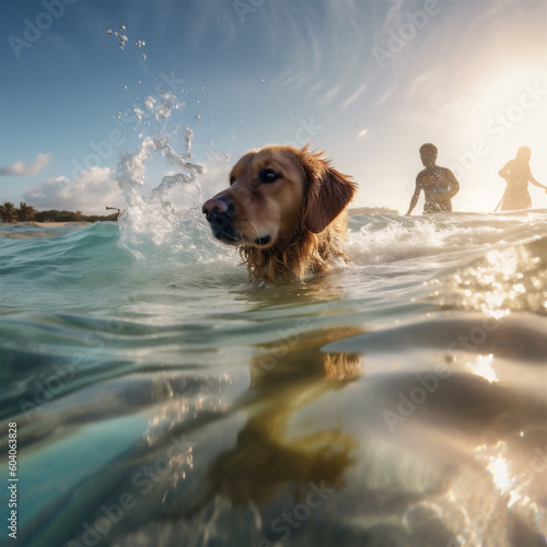 Closeup golden retriever dog swimming in sea water © lichaoshu