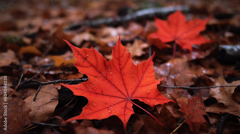 Red autumn maple leaves laying on the forest ground. Red autumn maple leaves laying on the forest ground.