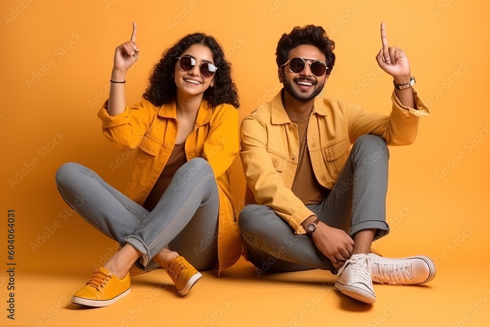 Indian couple sitting on the floor wearing jeans and sunglasses Stock ...