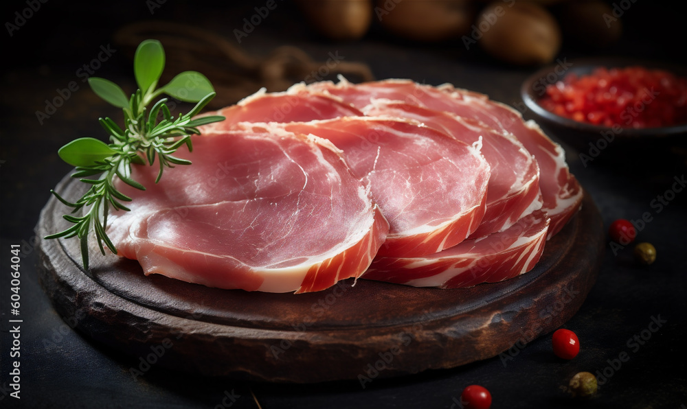 Closeup sliced ham, on a wooden dining table