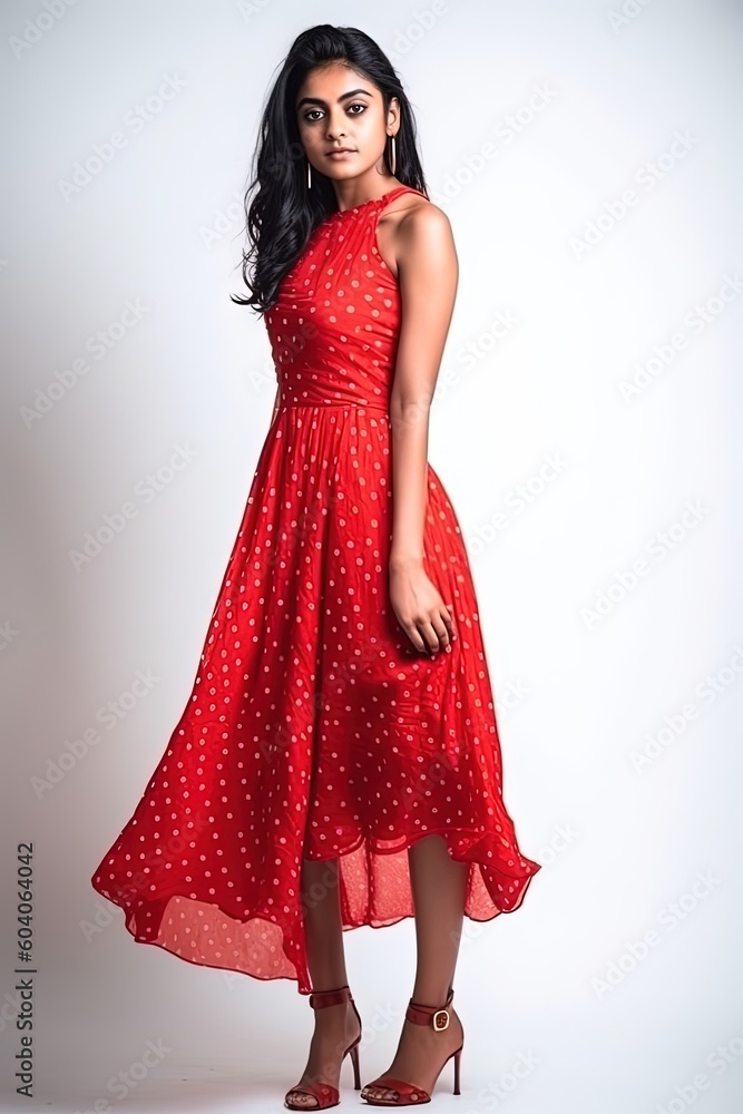 summer fashion trend Indian woman wearing red dress posing on white background generative ai