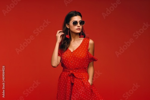 Stylish Indian woman in summer fashion trend dotted red dress posing on red generative ai