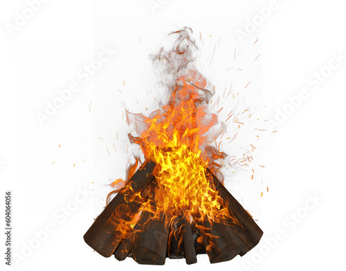 3d render realistic icon campfire with lump wood on transparent background