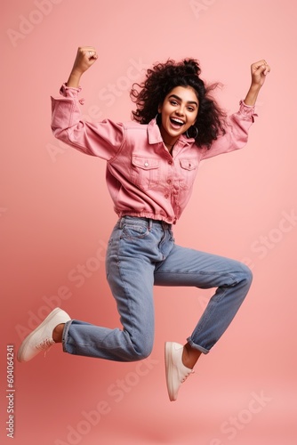 Trendy young Indian female model jumping on pink background in denim outfit generative ai