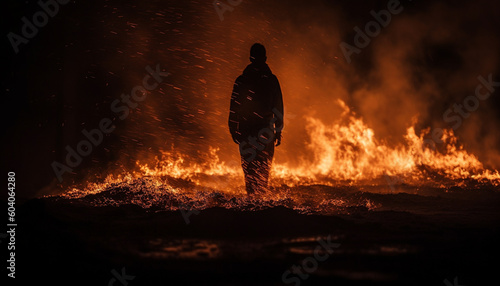 Silhouette walking through glowing inferno of flames generated by AI © Stockgiu