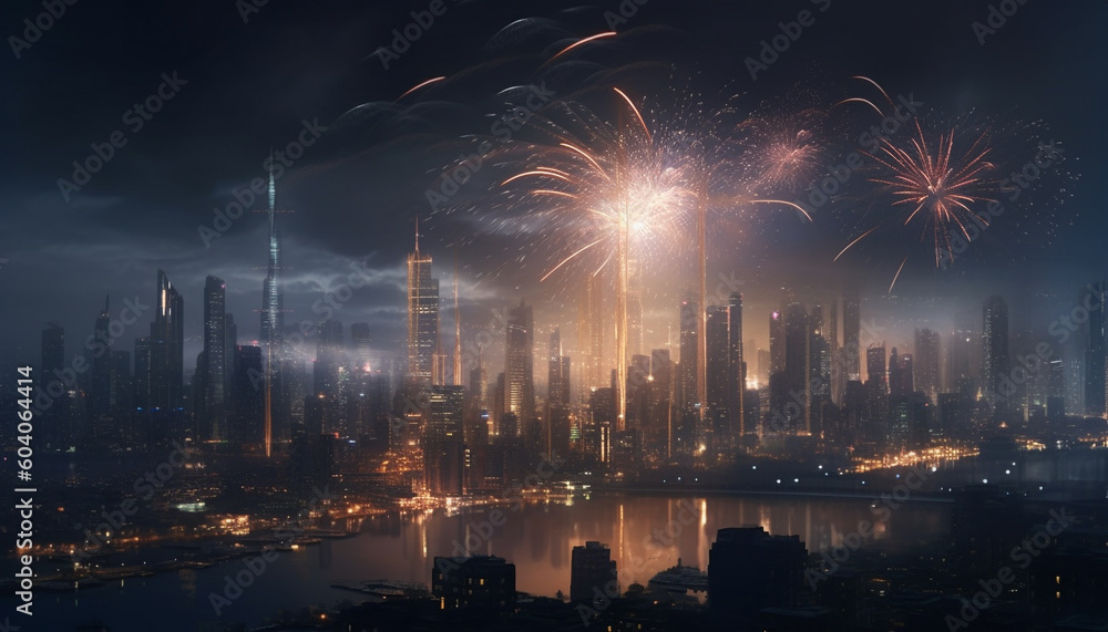 Glowing city skyline ignites colorful firework display generated by AI