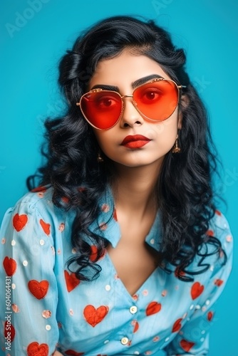 vintage stylish Indian girl posing in heart-shaped glasses sitting on blue background generative ai