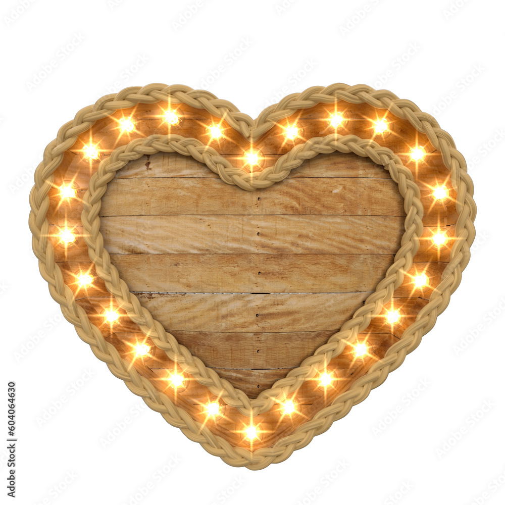 sao joao 3d render realistic wooden heart with rope and lights  - obrazy, fototapety, plakaty 