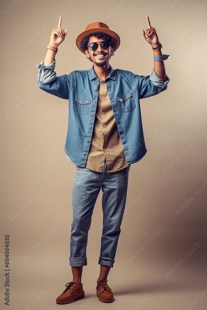 Young Indian handsome hipster man trendy style outfit denim shirt generative ai Young Indian handsome hipster man trendy style outfit denim shirt generative ai
